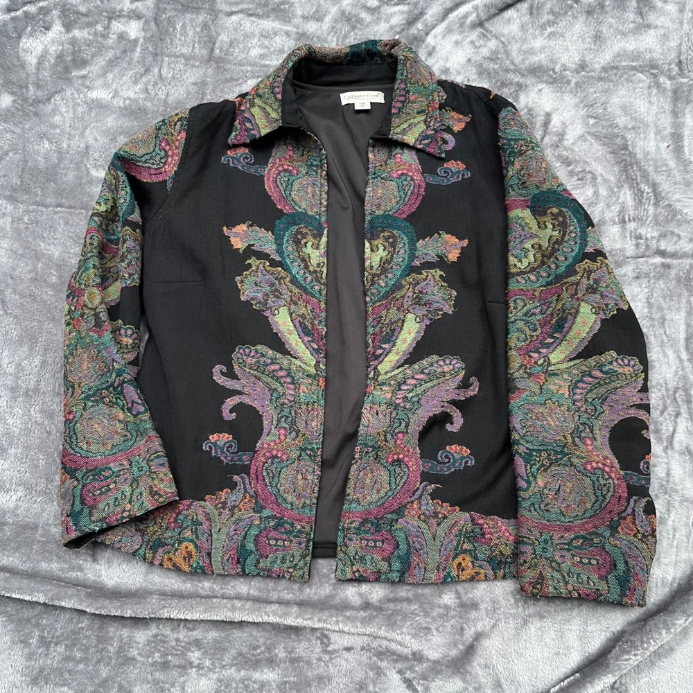 Coldwater Creek Vintage Wool Paisley Tapestry Jacket Black Multi Color PM